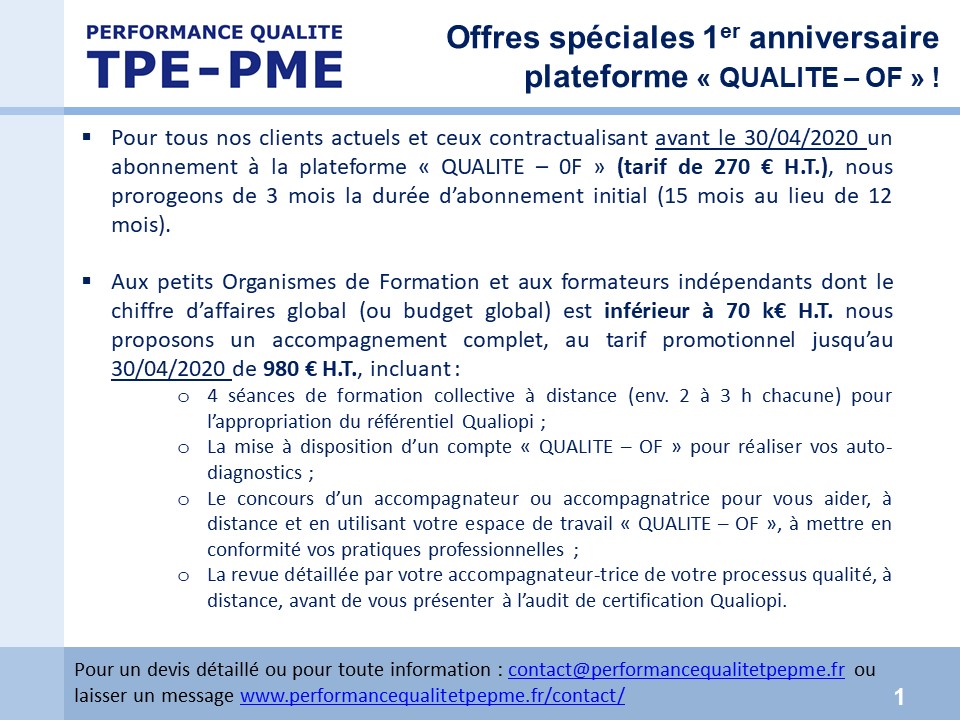 Offre promotionnelle accompagnement Qualiopi spéciale anniversaire "QUALITE - OF"